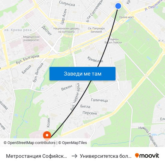 Метростанция Софийски Университет / Sofia University Metro Station (2827) to Университетска болница Лозенец (University hospital Lozenets) map