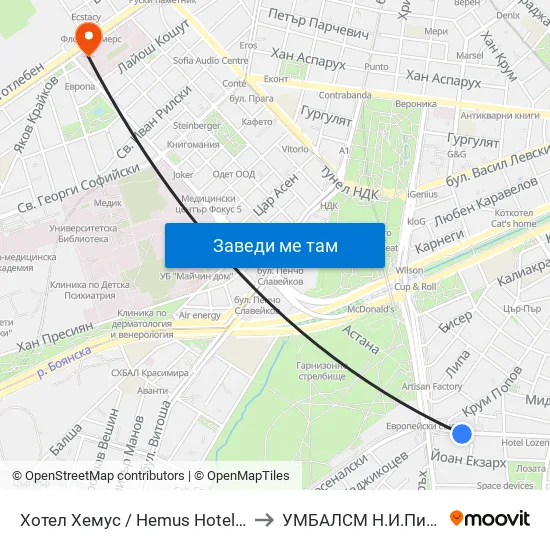 Ⓜ️ Хотел Хемус / Hemus Hotel (2329) to УМБАЛСМ Н.И.Пирогов map