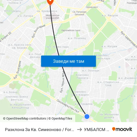 Разклона За Кв. Симеоново / Fork Road To Simeonovo Qr. (1458) to УМБАЛСМ Н.И.Пирогов map