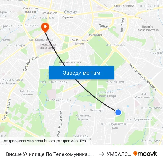 Висше Училище По Телекомуникации / University Of Telecommunications And Post (1397) to УМБАЛСМ Н.И.Пирогов map