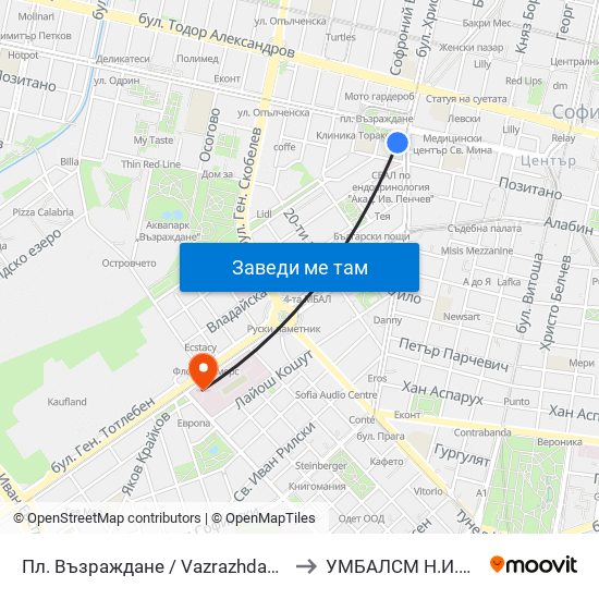 Пл. Възраждане / Vazrazhdane Sq. (1269) to УМБАЛСМ Н.И.Пирогов map