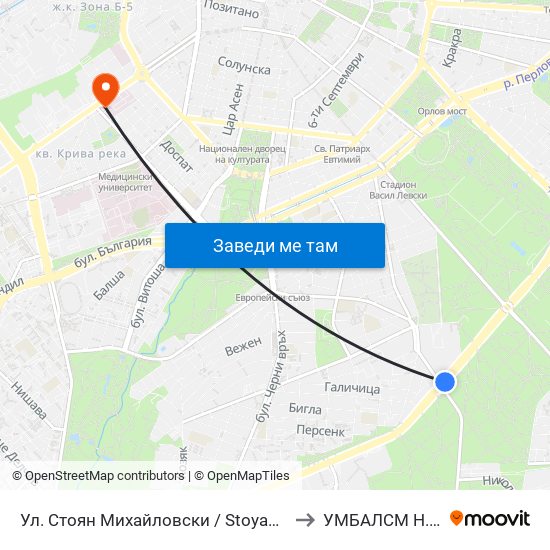 Ул. Стоян Михайловски / Stoyan Mihaylovski St. (2692) to УМБАЛСМ Н.И.Пирогов map