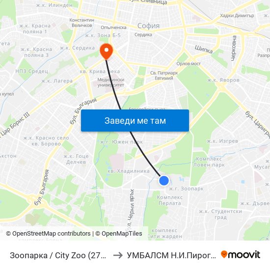 Зоопарка / City Zoo (2764) to УМБАЛСМ Н.И.Пирогов map