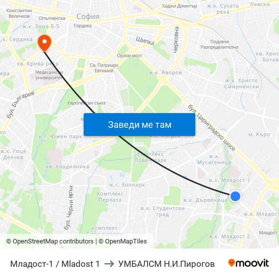 Младост-1 / Mladost 1 to УМБАЛСМ Н.И.Пирогов map