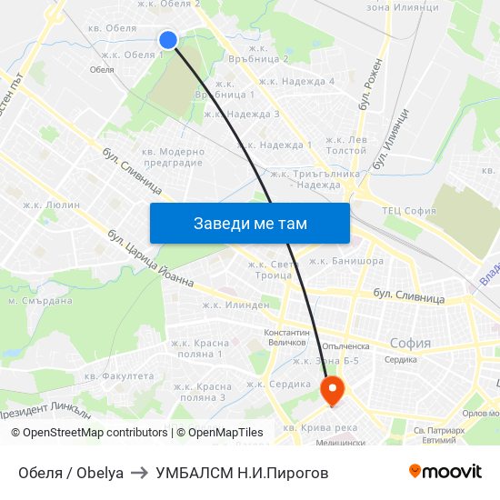Обеля / Obelya to УМБАЛСМ Н.И.Пирогов map