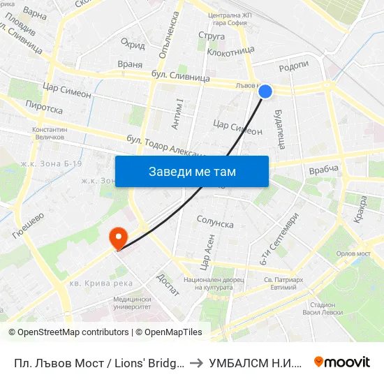 Ⓜ️ Пл. Лъвов Мост / Lions' Bridge Sq. (1278) to УМБАЛСМ Н.И.Пирогов map