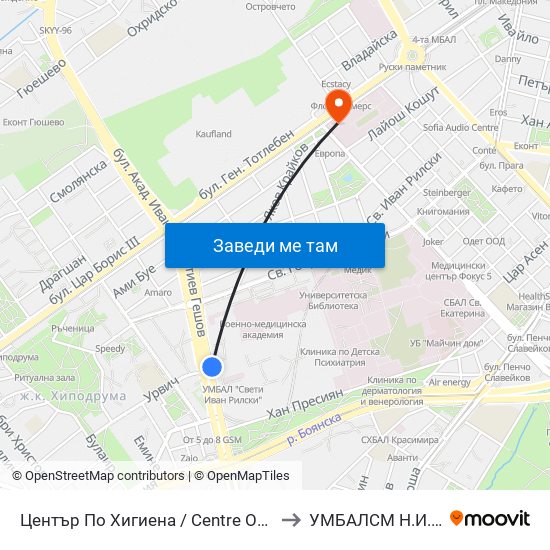 Център По Хигиена / Centre Of Hygiene (2342) to УМБАЛСМ Н.И.Пирогов map
