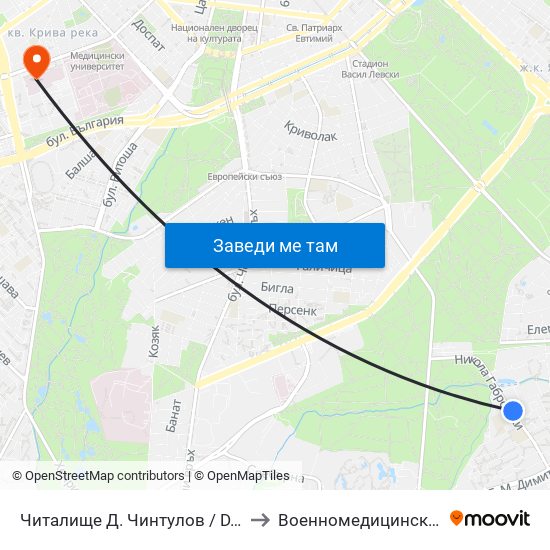 Читалище Д. Чинтулов / D. Chintulov Library (2366) to Военномедицинска академия (ВМА) map