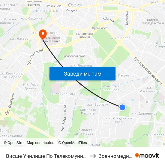 Висше Училище По Телекомуникации / University Of Telecommunications And Post (1396) to Военномедицинска академия (ВМА) map