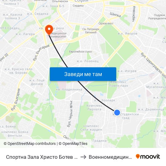Спортна Зала Христо Ботев / Hristo Botev Sports Hall (1611) to Военномедицинска академия (ВМА) map