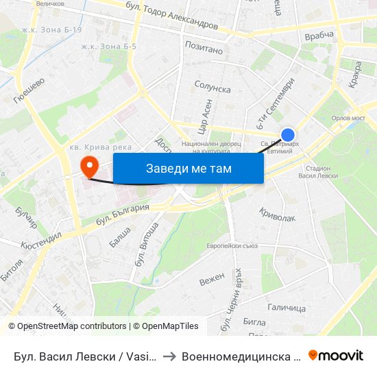 Бул. Васил Левски / Vasil Levski Blvd. (0299) to Военномедицинска академия (ВМА) map