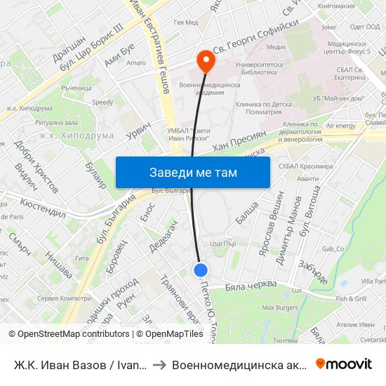 Ж.К. Иван Вазов / Ivan Vazov (0626) to Военномедицинска академия (ВМА) map