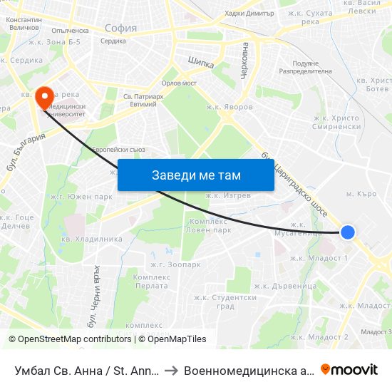 Умбал Св. Анна / St. Anna Hospital (1196) to Военномедицинска академия (ВМА) map