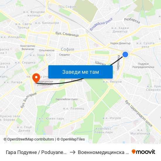 Гара Подуяне / Poduyane Train Station (0466) to Военномедицинска академия (ВМА) map