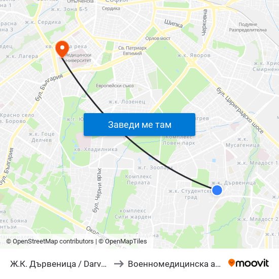 Ж.К. Дървеница / Darvenitsa Qr. (0801) to Военномедицинска академия (ВМА) map