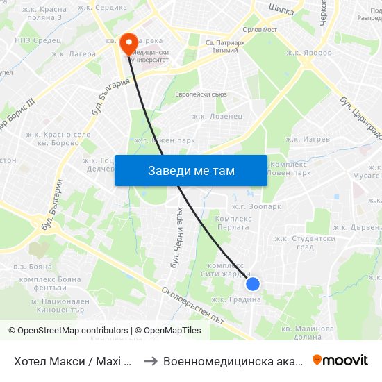 Хотел Макси / Maxi Hotel (2321) to Военномедицинска академия (ВМА) map