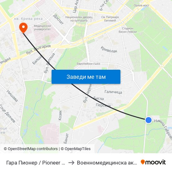 Гара Пионер / Pioneer Station (0465) to Военномедицинска академия (ВМА) map