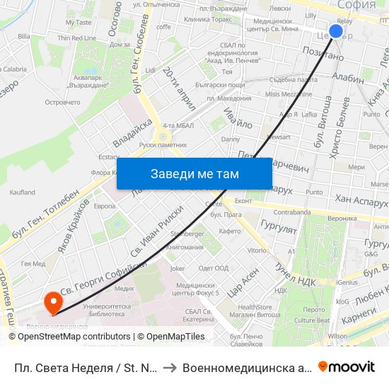 Пл. Света Неделя / St. Nedelya Sq. (1308) to Военномедицинска академия (ВМА) map