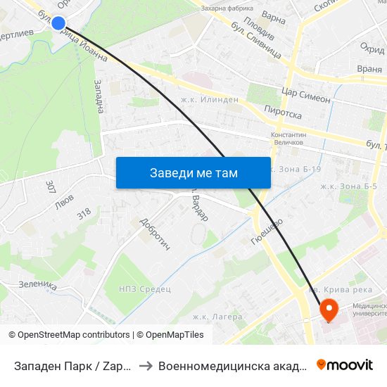 Западен Парк / Zapaden Park to Военномедицинска академия (ВМА) map