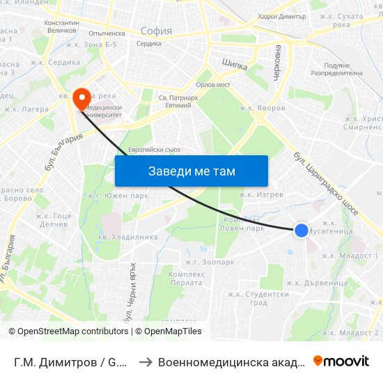 Г.М. Димитров / G.M.Dimitrov to Военномедицинска академия (ВМА) map