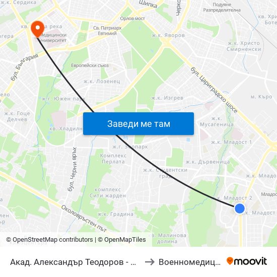 Акад. Александър Теодоров - Балан / Akademik Aleksandar Teodorov - Balan to Военномедицинска академия (ВМА) map