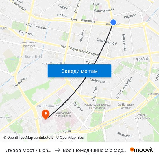 Лъвов Мост / Lions' Bridge to Военномедицинска академия (ВМА) map