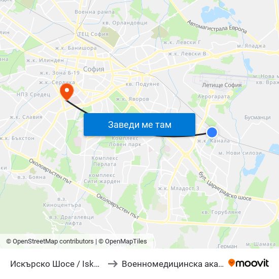 Искърско Шосе / Iskarsko Shosse to Военномедицинска академия (ВМА) map
