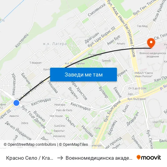 Красно Село / Krasno Selo to Военномедицинска академия (ВМА) map