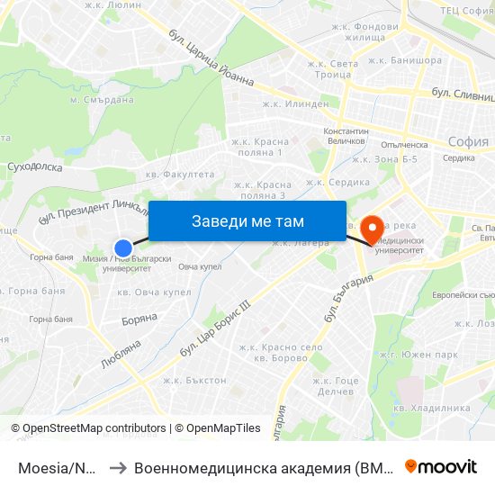 Moesia/Nbu to Военномедицинска академия (ВМА) map