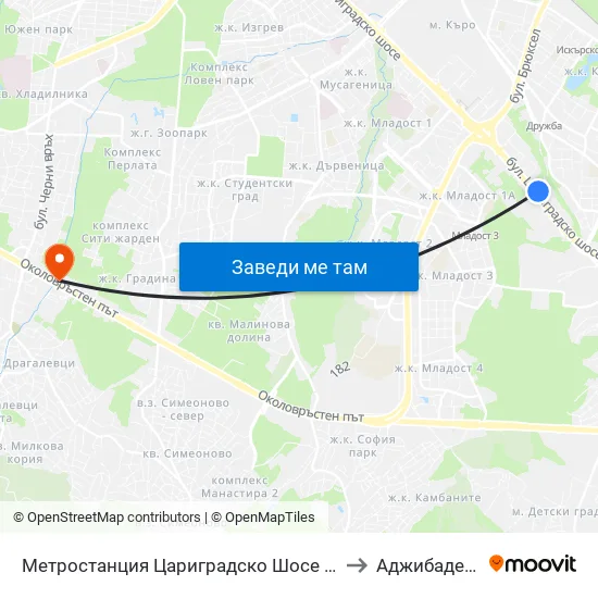 Ⓜ️ Метростанция Цариградско Шосе / Tsarigradsko Shosse Metro Station (1016) to Аджибадем Сити Клиник map