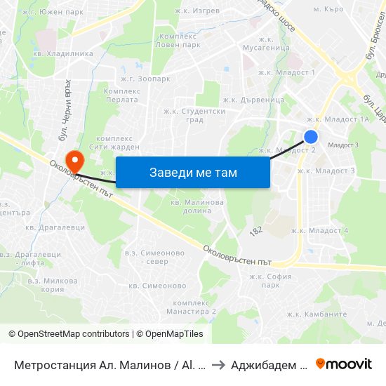 Метростанция Ал. Малинов / Al. Malinov Metro Station (0169) to Аджибадем Сити Клиник map