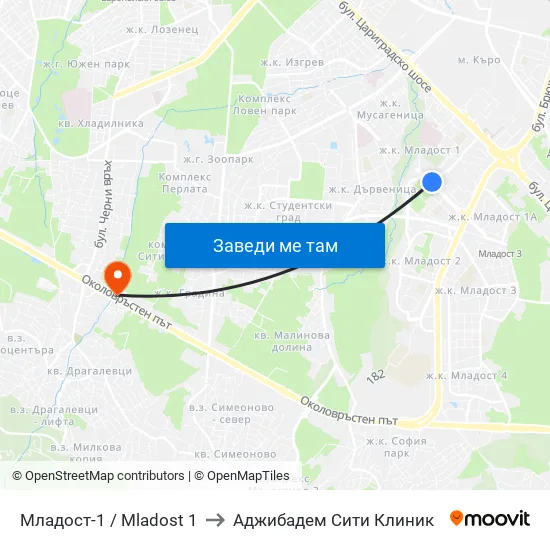 Младост 1 / Mladost 1 to Аджибадем Сити Клиник map