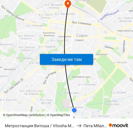 Метростанция Витоша / Vitosha Metro Station (2654) to Пета Мбал София map