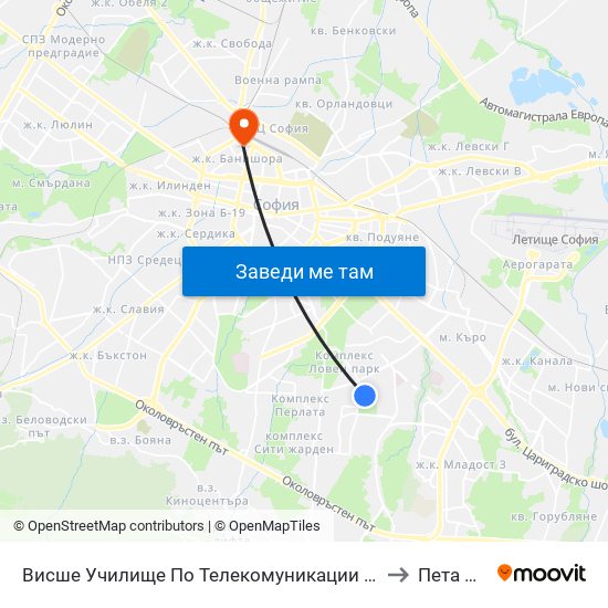 Висше Училище По Телекомуникации / University Of Telecommunications And Post (1397) to Пета Мбал София map