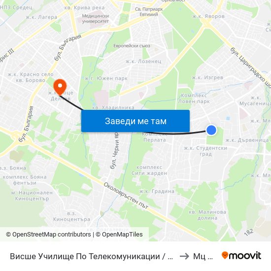 Висше Училище По Телекомуникации / University Of Telecommunications And Post (1396) to Мц Св. Петка map