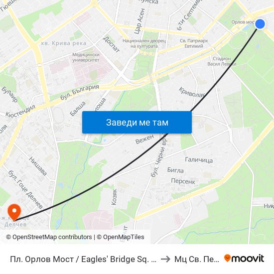 Пл. Орлов Мост / Eagles' Bridge Sq. (1288) to Мц Св. Петка map