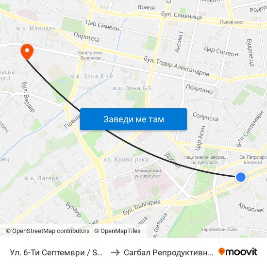 Ул. 6-Ти Септември / Shesti Septemvri St. (1808) to Сагбал Репродуктивно Здраве ""Д-Р Щерев"" map