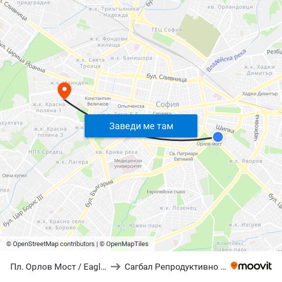 Пл. Орлов Мост / Eagles' Bridge Sq. (1290) to Сагбал Репродуктивно Здраве ""Д-Р Щерев"" map