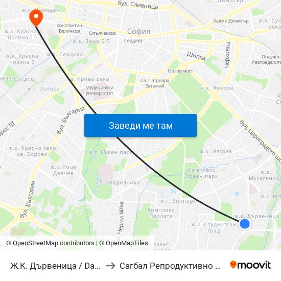 Ж.К. Дървеница / Darvenitsa Qr. (0800) to Сагбал Репродуктивно Здраве ""Д-Р Щерев"" map