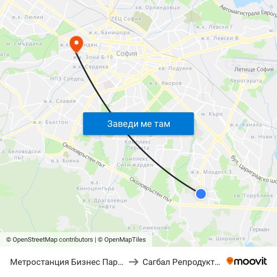 Метростанция Бизнес Парк / Business Park Metro Station (2490) to Сагбал Репродуктивно Здраве ""Д-Р Щерев"" map