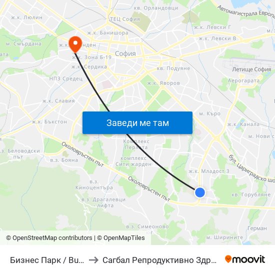 Бизнес Парк / Business Park to Сагбал Репродуктивно Здраве ""Д-Р Щерев"" map