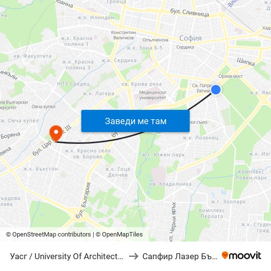 Уасг / University Of Architecture (0387) to Сапфир Лазер България map