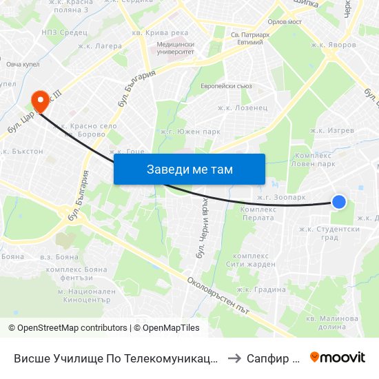 Висше Училище По Телекомуникации / University Of Telecommunications And Post (1397) to Сапфир Лазер България map