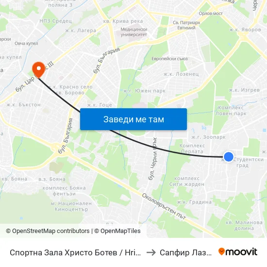 Спортна Зала Христо Ботев / Hristo Botev Sports Hall (1611) to Сапфир Лазер България map
