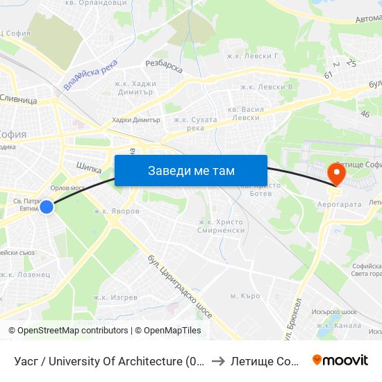 Уасг / University Of Architecture (0387) to Летище София map