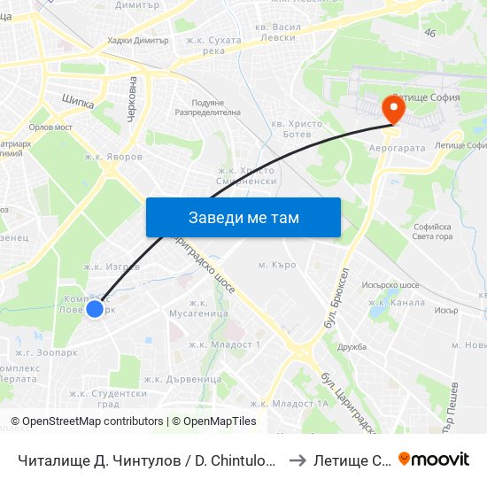 Читалище Д. Чинтулов / D. Chintulov Library (2366) to Летище София map