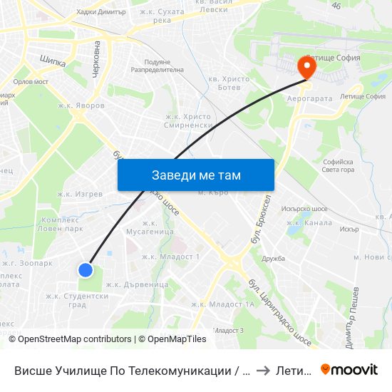 Висше Училище По Телекомуникации / University Of Telecommunications And Post (1396) to Летище София map