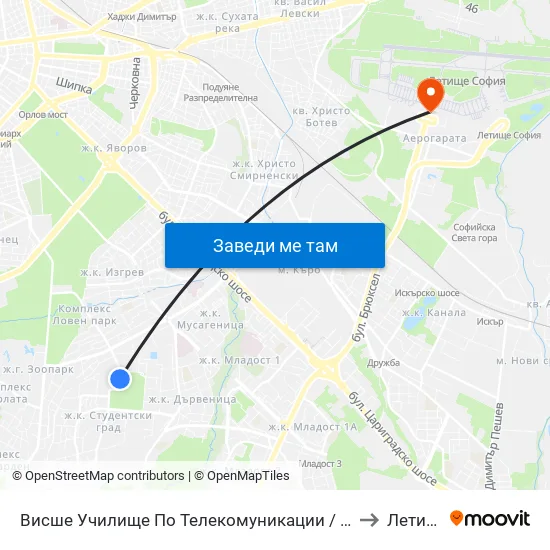 Висше Училище По Телекомуникации / University Of Telecommunications And Post (1396) to Летище София map