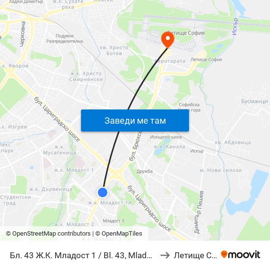 Бл. 43 Ж.К. Младост 1 / Bl. 43, Mladost 1 Qr. (0218) to Летище София map