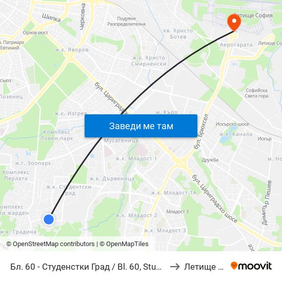 Бл. 60 - Студенстки Град / Bl. 60, Students' Town (2507) to Летище София map
